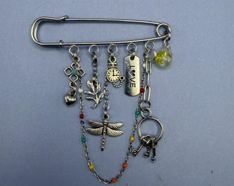 Whimsical Charm Kilt Pin | Dragonfly Keys Clock & Love Tag Brooch | One of a Kind Beaded