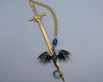 One of a Kind | Sapphire & Gold Dragon Sword Bookmark | Blue Dragon Fantasy | Royal Romantasy