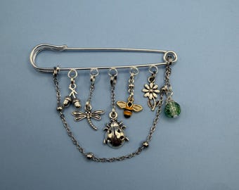 Enchanted Garden Bug Kilt Pin Brooch | Bee | Ladybug | Dragonfly | Floral Charms | Choose Gem