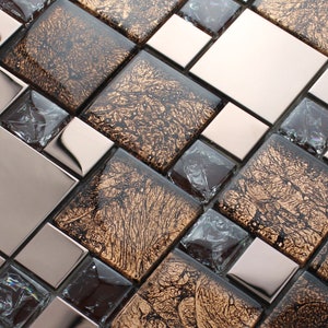 Glossy Glass Metal Mosaic Tile Crackle Brown and Rose Gold Bathroom Wall Tiles Bling Stainless Steel Backsplash