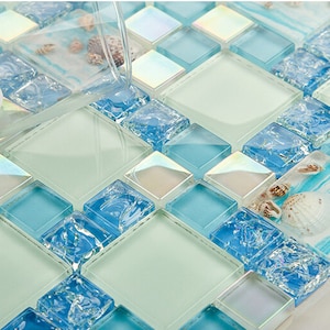 Coastal Sea Shell Glass Mosaic Ocean Blue Backsplash Tile with Real Shell Accents, Iridescent and Cracked Glass Wall Decor Tiles