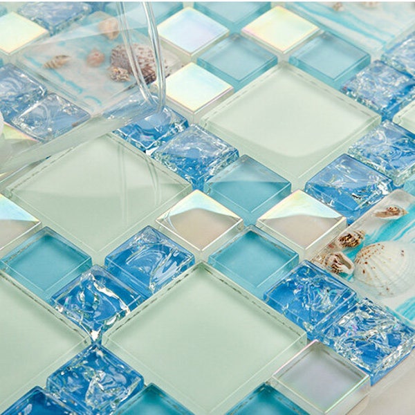 Blue and Iridescent White Glass Tile with Conch & Shells Mosaic Cracked Crystal Glass Backsplash Beach Style Bathroom Wall Tiles