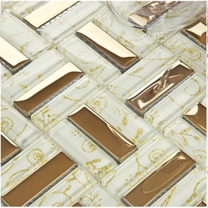 White and Gold Glass Tiles Backsplash HONGHAI9105-11.7"x11.7" Per Sheet, Bling Metallic Mosaic Wall Tile for Kitchen and Bathroom and Accent