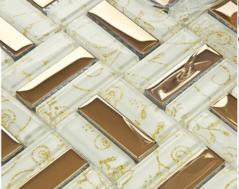 Weiß und Gold Glasmosaikfliese, Backsplash, metallischer Akzent
