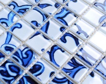 Glass Mosaic Blue Pattern on White Wall Tiles SM111-11.7"x11.7" Per Sheet, Crystal Glass Arabesque Backsplash Tile for Kitchen and Bathroom