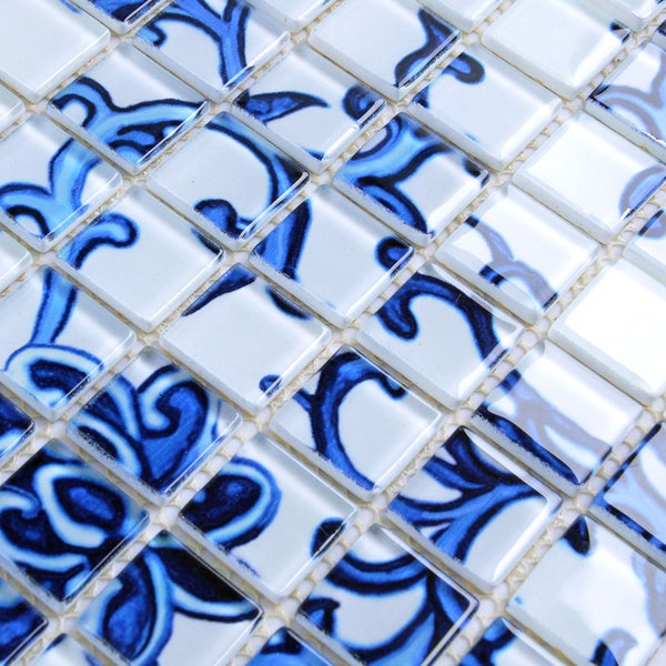 Crystal Glass Arabesque Mosaic Tile, Blue Pattern Backsplash