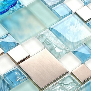 Glas Metall Backsplash Badezimmer Wandfliesen Handgemaltes Blaues Mosaik MH10 Silber Edelstahl Mischkristallglas Duschfliese