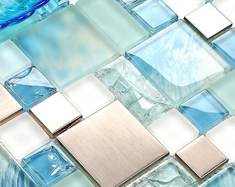 Hand-Painted Blue Glass Backsplash Tile MH10-11.6"x11.6" Per Sheet, Silver Stainless Steel Mixed Frosted & Crackled Glass Mosaic Wall Tiles