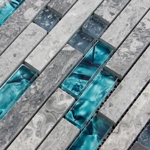 Glossy Stone Mixed Glass Backsplash Tile Gray and Aqua Kitchen and Bathroom Modern Linear Mosaic Wall Tiles image 5
