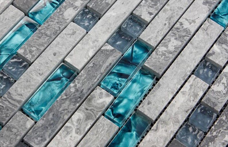 Glossy Stone Mixed Glass Backsplash Tile Gray and Aqua Kitchen and Bathroom Modern Linear Mosaic Wall Tiles image 5