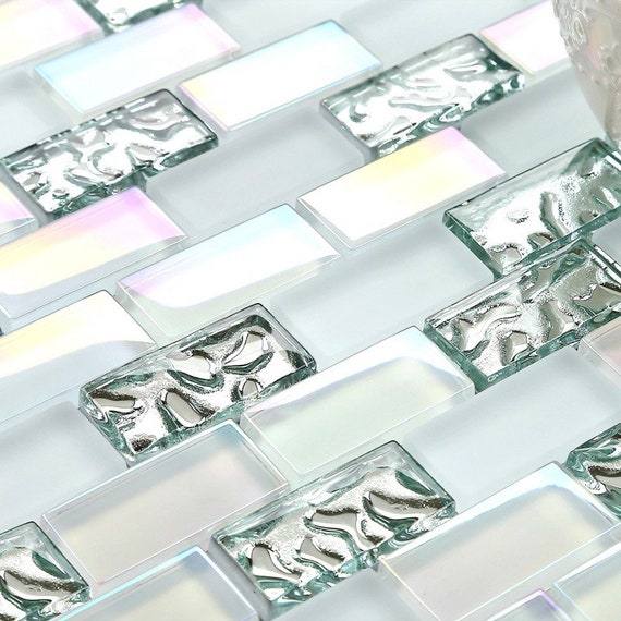 1x2 Glass Subway Tile Iridescent White Silver Etsy