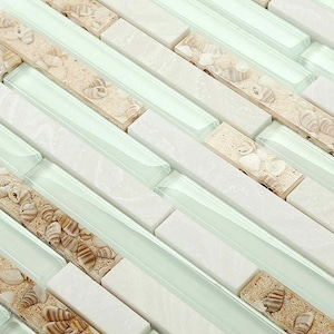 Glass Stone Mosaic Tile Backsplash Coastal Seashell Conch Aqua White Blend for Kitchen & Bathroom Walls, Firplace Surrounds and Pool Decor