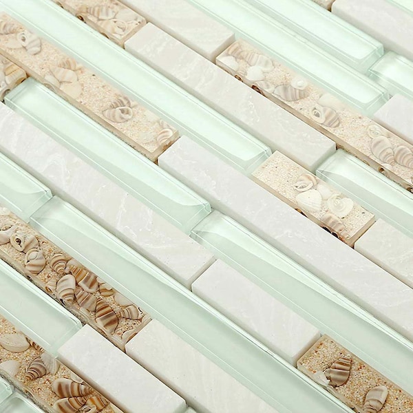 Coastal Glass Stone Linear Mosaic Seashell Strip Tile, Beach Style Kitchen Backsplash, Accent Walls