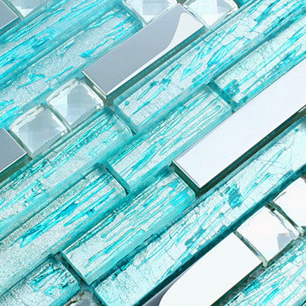 Turquoise Glass and Metal Backsplash Tile H20-12.2"x11.7" Per Sheet, Silver Stainless Steel Mix Rhinestone Mosaic for Kitchen and Bath Walls