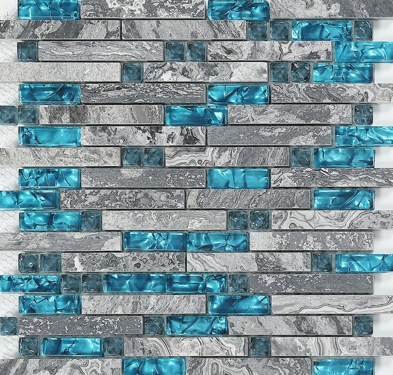 Glossy Stone Mixed Glass Backsplash Tile Gray and Aqua Kitchen and Bathroom Modern Linear Mosaic Wall Tiles 11 Sheets