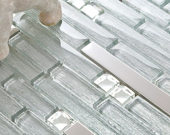 Azulejo de mosaico de vidrio plateado, protector contra salpicaduras de acero inoxidable con diamantes de imitación