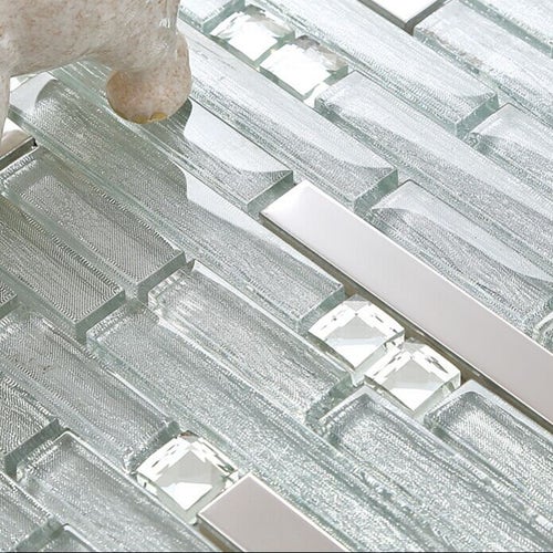 Silver Stainless Steel and Glass Backsplash Tile with Rhinestones B903-12.3