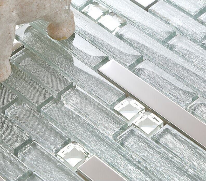 Clear Glass Tile Rhinestone Crystal Mosaic Silver Stainless Image 0