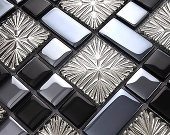 Glass Mosaic Tile Blue/Black and Silver Snowflake Pattern #TCSJ171 Glossy Backsplash Tiles