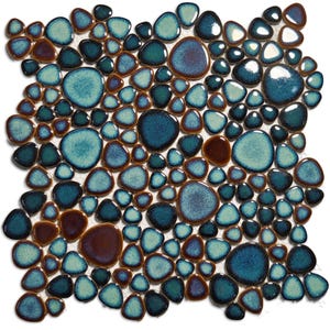 May include: A mosaic tile sheet featuring a variety of blue and brown pebble-shaped tiles. The tiles are arranged in a random pattern and have a glossy finish.