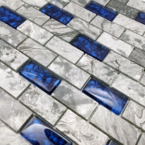 Gray & Royal Blue 1x2 Subway Tile Kitchen Backsplash Polished Marble Mixed Glass Mini Bricks Bathroom Wall Tiles