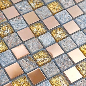 Rose Gold and Gray Stone Mosaic Mixed Glass & Stainless Steel Fireplace Tiles Bathroom Wall Decor Kitchen Backsplash Tile
