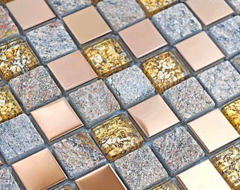 Rose Gold and Gray Stone Mosaic Mixed Glass & Stainless Steel Fireplace Tiles Bathroom Wall Decor Kitchen Backsplash Tile