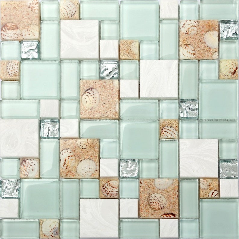 Beach Style Backsplash Tile Green Lake Glass Mixed Stone Mosaic Wall Tiles Acrylic with Mother of Pearl Shells image 2