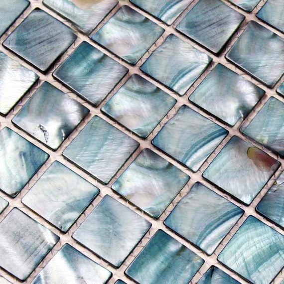 Mother of Pearl Backsplash Tiles Grayblue Square Mosaic Walls Etsy