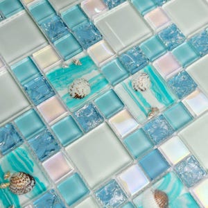 Coastal Sea Shell Glass Mosaic Ocean Blue Backsplash Tile with Real Shell Accents, Iridescent and Cracked Glass Wall Decor Tiles