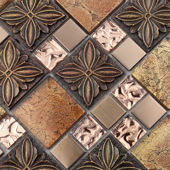 Glass Mosaic Kitchen Backsplash Tile Rose Gold Stainless Steel Metal Tile  1390 Bathroom Decorative Wall Tiles 