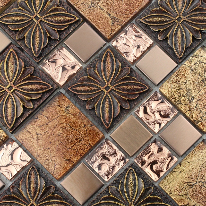 Glass Metal Tile Retro Style Mosaic Petal Pattern Wall & Backsplash #1390 Rose Gold Stainless Steel Decorative Tiles
