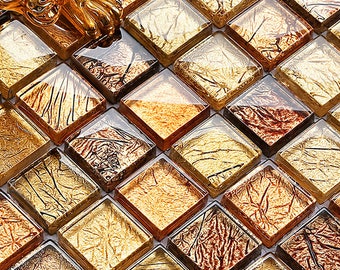 Golden Glass Mosaic Bling Backsplash Tile CB033-11.6"x11.6" Per Sheet, Glossy Crystal Glass Tile for Accent and Bathroom Wall Tiles