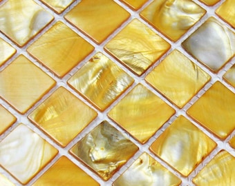 Gold Mother of Pearl Tile, BK007-11.6"x11.6" Per Sheet, Natural Shell Stained Mosaic Tiles for Kitchen Backsplash, Bathroom and Accent Walls