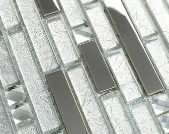 Azulejo de mosaico de acero inoxidable y vidrio, protector contra salpicaduras de metal plateado con diamantes de imitación