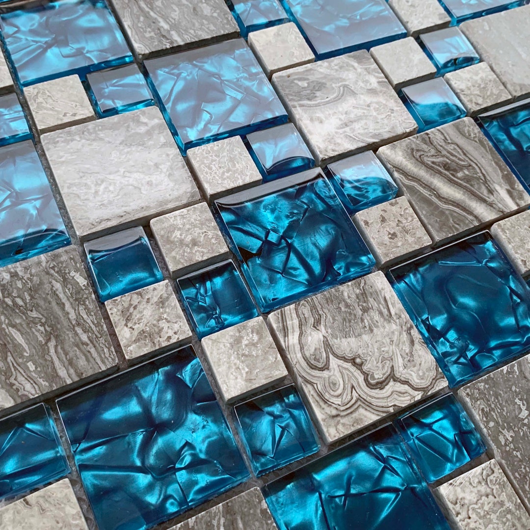 Glossy Stone Mix Glass Mosaic Tile Gray and Aqua Kitchen Backsplash
