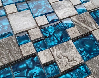 Glossy Stone Mix Glass Mosaic Tile Gray and Aqua Kitchen Backsplash Bathroom and Shower Wall Tiles