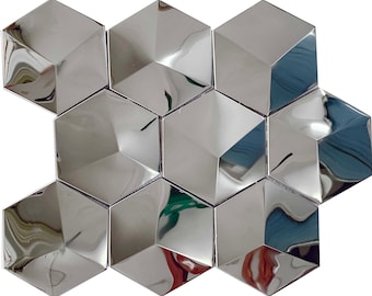 Silver Stainless Steel Accent Tile XGMT005-11.4"x11.4"/Sheet, Big Hexagon 3D Pyramid Bathroom Wall Tiles, Metal Mosaic Kitchen Backsplash