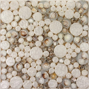 Puede incluir: Azulejos de mosaico redondos blancos con conchas incrustadas en su interior. Los azulejos están dispuestos en un patrón aleatorio.