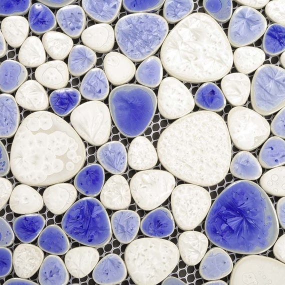 Porcelain Pebble Tile In Milk White And Blue Etsy