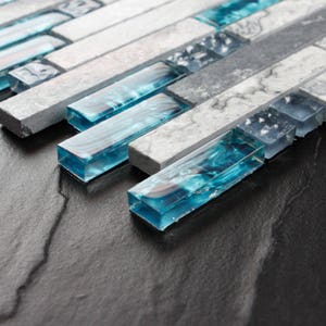 Glossy Stone Mixed Glass Backsplash Tile Gray and Aqua Kitchen and Bathroom Modern Linear Mosaic Wall Tiles image 3