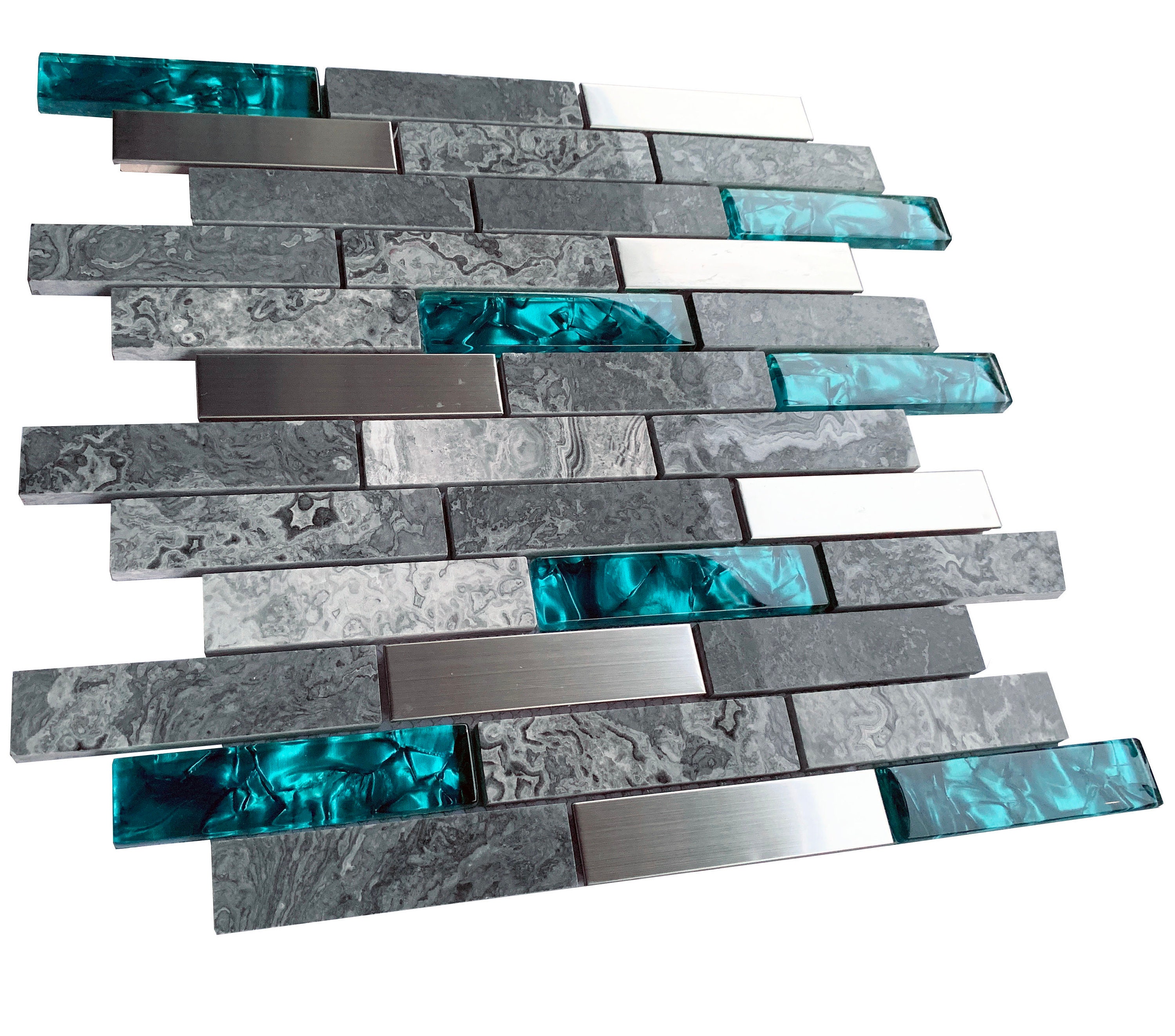 Stone Mixed Glass Kitchen Backsplash Linear Mosaic Tile Polished Gray &  Teal Blue Bath Shower Wall Decor Narutal Marble Interlocking Pattern Art