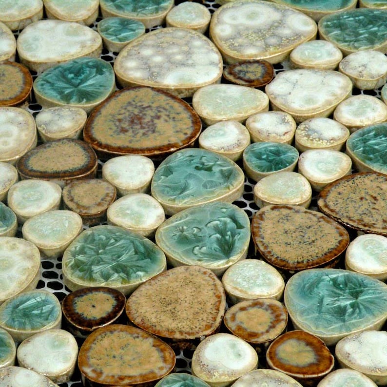 Porcelain Pebble Tile in Blue Cream and Coffee Kitchen Backsplash Heart-Shaped Ceramic Mosaic Bathroom Floor & Wall Tiles 6 Sheets