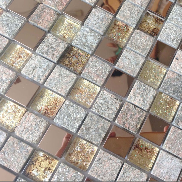 Rose Gold and Gray Stone Mosaic Mixed Glass & Stainless Steel Fireplace Tiles Bathroom Wall Decor Kitchen Backsplash Tile