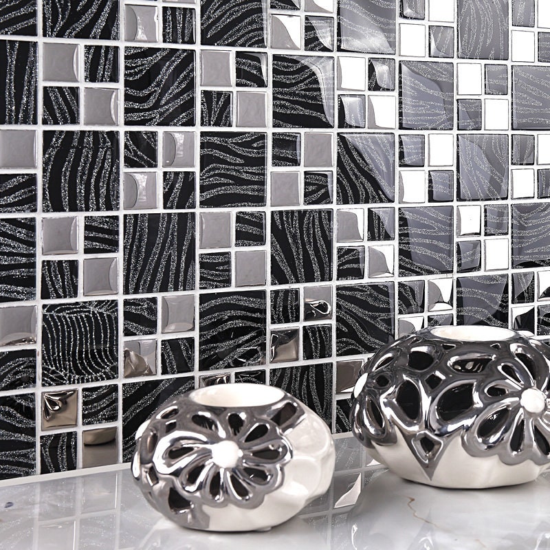 Glass Backsplash Tile Black & Silver Metallic Mosaic Wall Tiles TC044 Small  Kitchen and Bathroom Decor Tile 