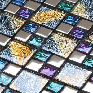 Multicolor Glass Tile Kitchen Backsplash Silver Coated Mosaic Glossy Glass Bathroom Wall & Floor Tiles