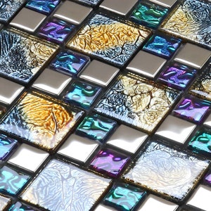 Colorful Glass Mosaic Iridescent Metallic Wall Tile Modern Backsplash for Kitchen & Bathroom