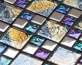 Colorful Glass Mosaic Iridescent Metallic Wall Tile Modern Backsplash for Kitchen & Bathroom