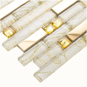 Glass Metal Linear Mosaic Wall Tiles White Gold Sparkle Backsplash ...