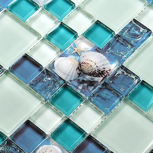 Beach House Style Bathroom Backsplash Tile Blue and White Crackle Glass with Resin & Pearl Shell Mosaic Wall Tiles